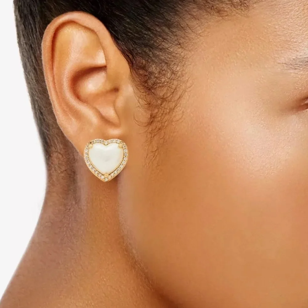 Kate Spade New York My Love Pave Pearly Heart Halo Cream/Gold Stud Earrings NIB - Picture 2 of 3